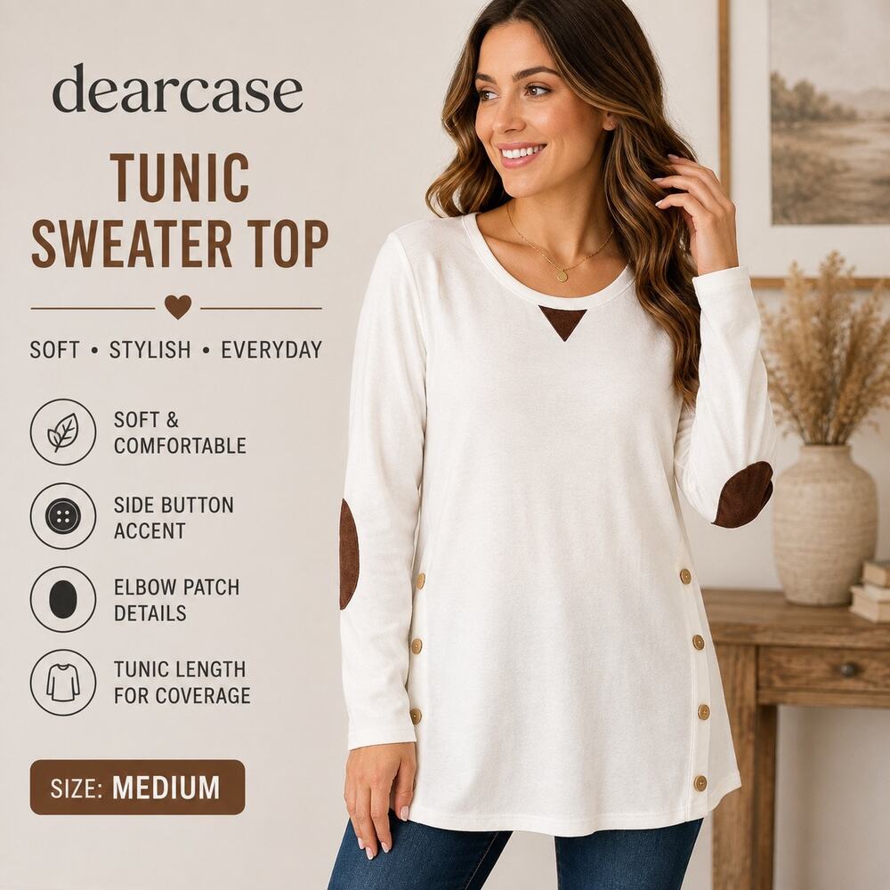 Dearcase Tunic Sweater Top Medium Ivory Long Sleeve Button Accent Elbow Patch
